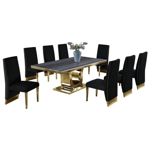 Gray Marble Dining Set with Gold Stainless Steel and Black Velvet Chairs