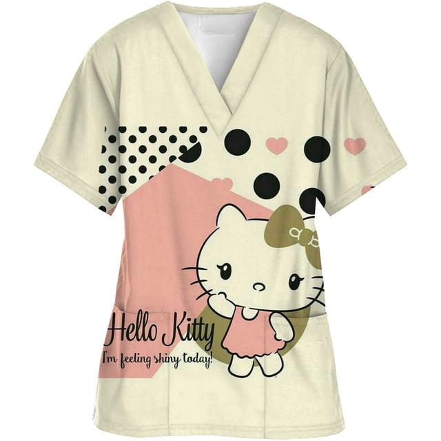 Uniforme d'Infirmière Kawaii, Hauts de Blouses Médicales pour Femmes, Imprimé Hello Kitty, Manches Courtes, Poches