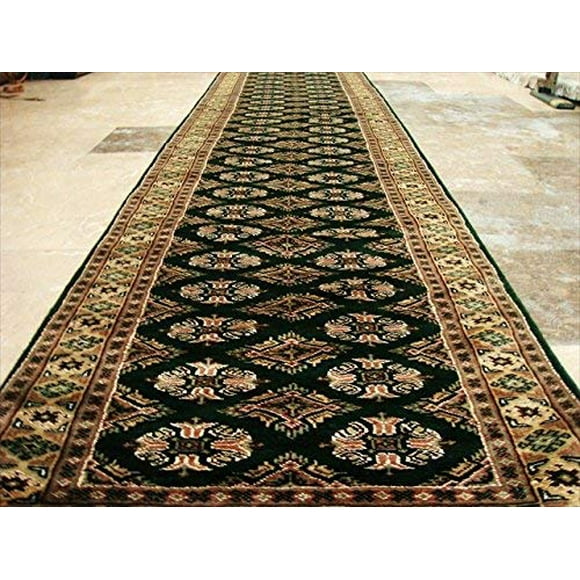 AHMEDANI Exclusive Jaldar Green Ivory Touch Wool Hand Knotted Soft Runner Rug (9.9 X 2.5)'