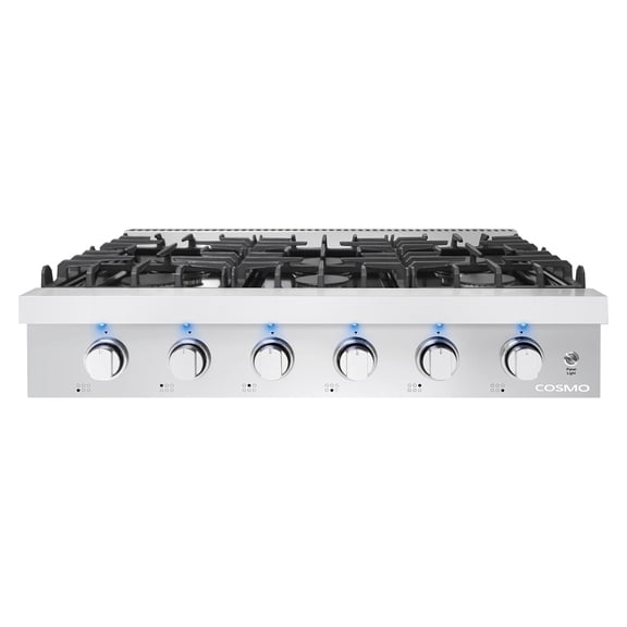 Slide-In Counter Gas Cooktop with 6 Sealed Italian Burners, Black Porcelain Surface, Cast Iron Grates, Metal Knobs in Stainless Steel