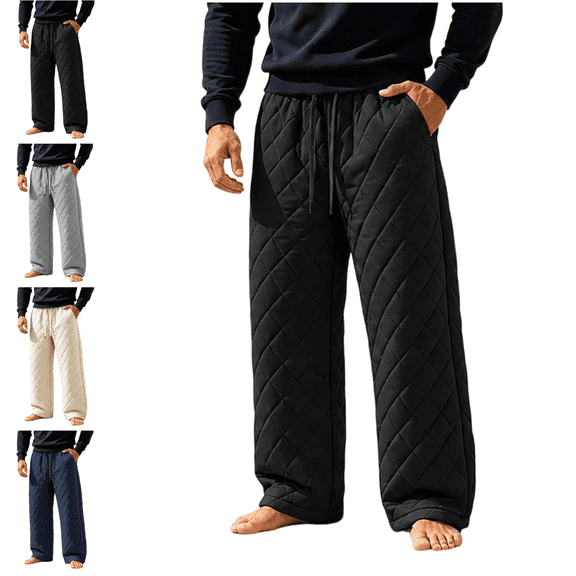 VEKDONE Mens Diamond Quilted Warm Sweatpants Wide Leg Elastic Waist Drawstring Pants Fleece Lined Relaxed Fit Trousers Fall Winter Fashion Bottoms for Cold Weather