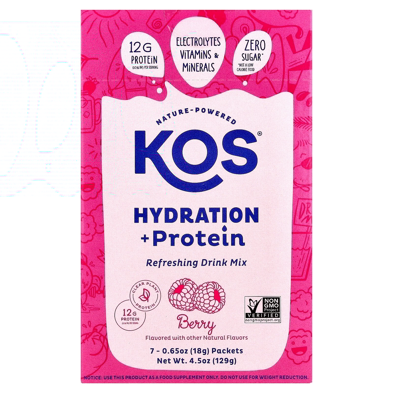 KOS Hydration   Protein, Refreshing Drink Mix, Berry, 7 Packets, 0.65 oz (18 g) Each