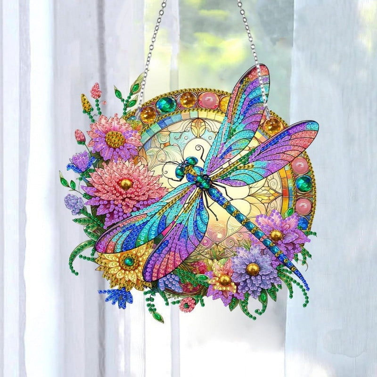 Diamond Art Painting Pendant Kits Painting Art Hanging Kit Dragonfly DIY Diamond Crystal Window Pendant Kit for Adults Gift Wall Home Decoration