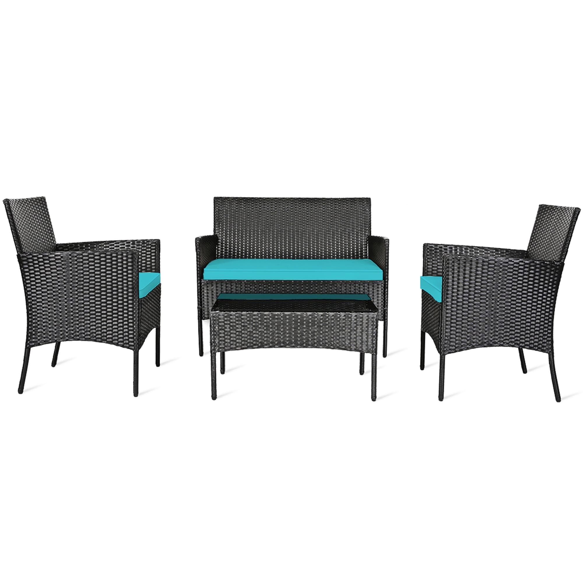 Gymax 4PCS Outdoor Furniture Set Patio Rattan Conversation Set w/ Turquoise Cushion
