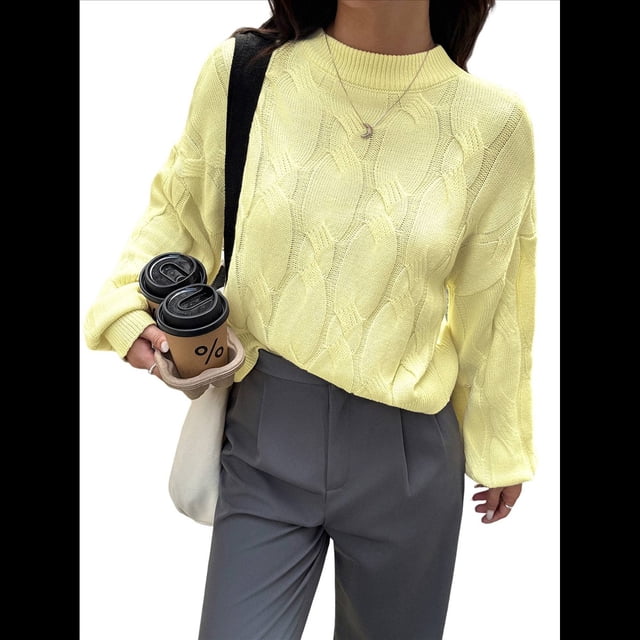 Suéter Informal de Larga para Mujer, Jersey de Punto Acanalado, Holgado, con Cuello Redondo y Cable, para Otoño. Amarillo S