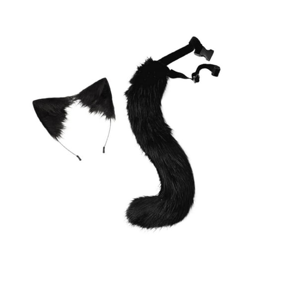 2Pcs Faux Fur Long Tail Gothic Fox Ears Hair Wolf Fox Long Tail Hoop for Cosplay Costume Kits Black