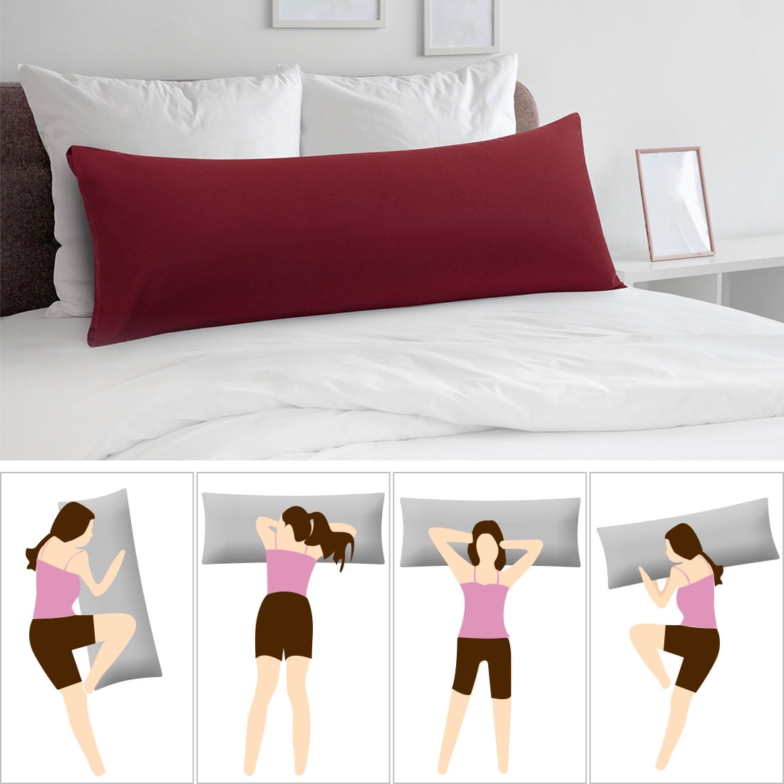 Unique Bargains Microfiber Solid Body Pillow Cover, 20" x 54", Burgundy