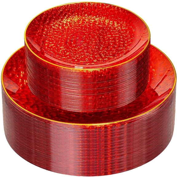 WELLIFE FESTIVE 60Pcs Red Disposable Plates with Gold Rim, Hammered Plastic Plates, Include:30 Clear Dessert & Dinner Plates for Party