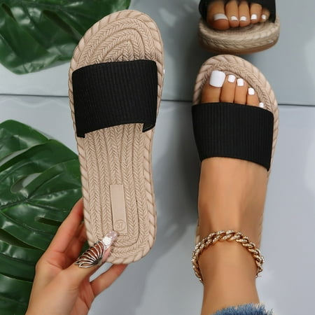 

Leisure Roman Style Weave Women s Solid Color Summer Flock Non Slip Slip On Flat Beach Open Toe Breathable Sandals Shoes Slippers Black 6.5