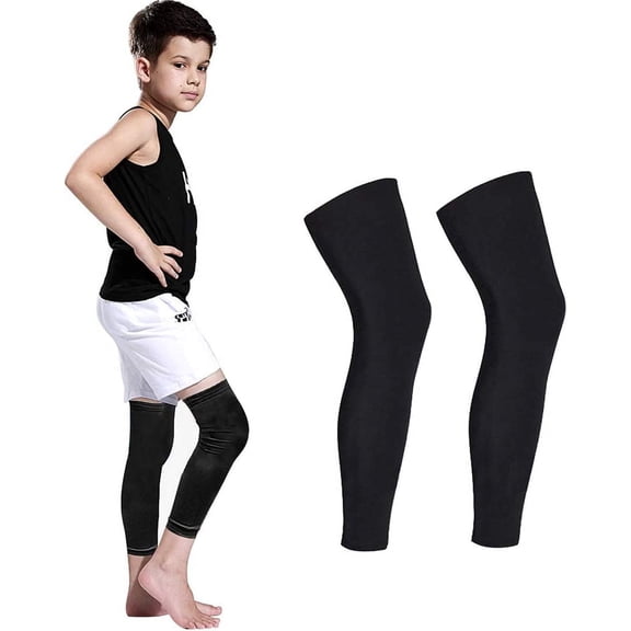 Long Compression Leg Sleeves for Kids Comfortable Non-Slip UV Protection Thigh Calf Brace Support for Basketball Running Cycling, 1 Pair (Black M)