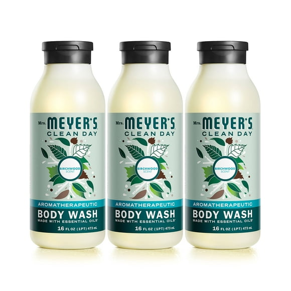 MRS. MEYER'S CLEAN DAY Moisturizing Body Wash for Women and Men, Biodegradable Shower Gel Formula Made with Essential Oils, Birchwood, 16 oz - Pack of 3
