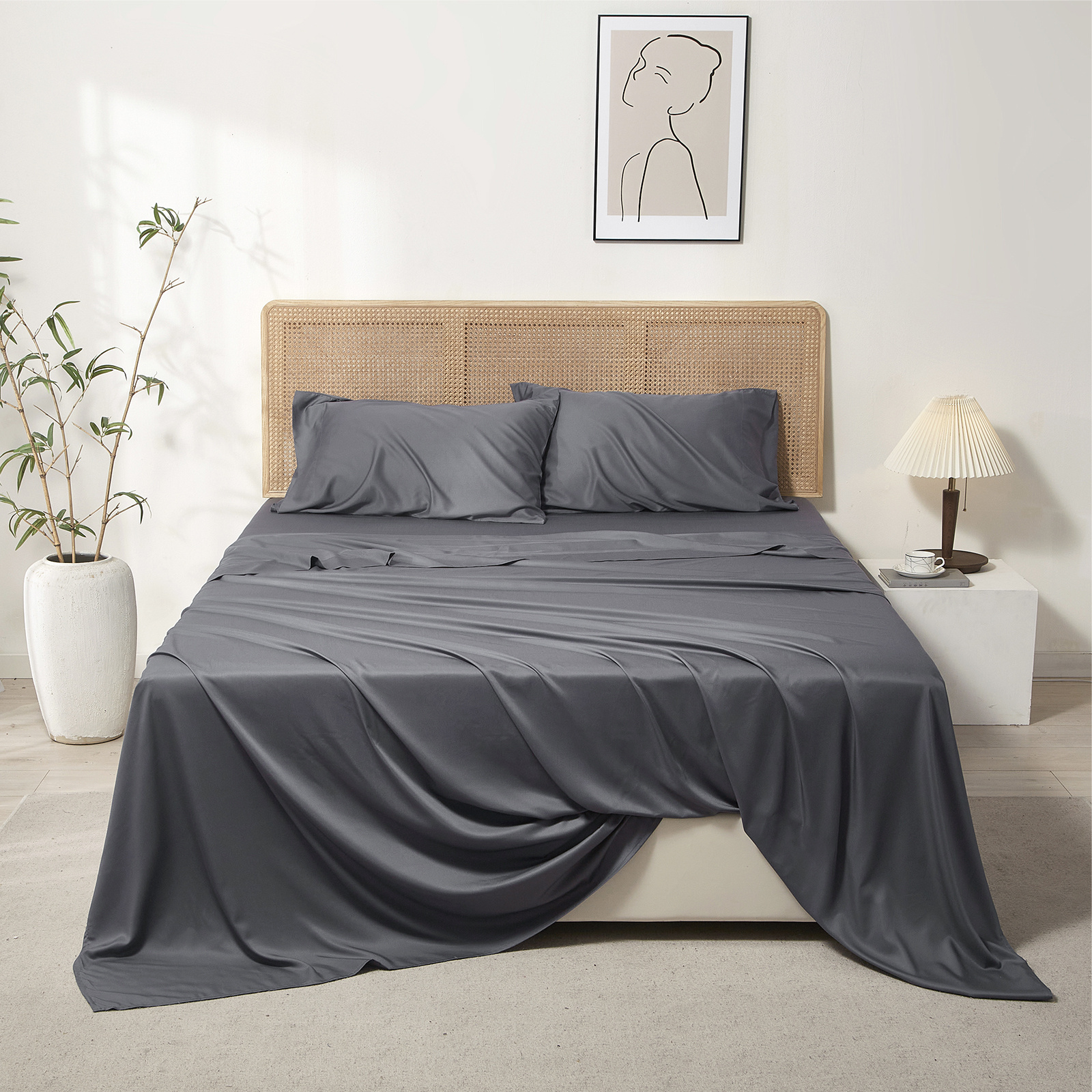 King Sheets Set Rayon Derived from Bamboo, 4-Piece Luxury Bedding Sheet & Pillowcase Sets, Cooling Sheets, Silky Soft and Breathable, 18"-24" Deep Pocket (Dark Grey)
