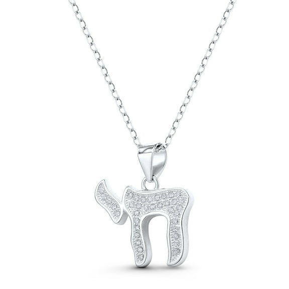 "Chai" Symbol Cubic Zirconia CZ Crystal Pave 20x16mm (0.8x0.6in) Jewish Pendant in .925 Sterling Silver w/ Rhodium