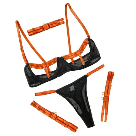 

Womens Sexy Lingerie Set Sexy Glow In BlackLight Neon Strappy 4 Piece Choker Garter Sets Hollow Out Bra and Panty