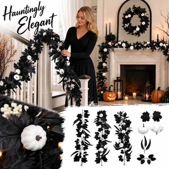 Gothic Halloween Decor Black Halloween Garlands 69 Inch Artificial Fall Leaves Spooky Halloween Decor for Mantel Porch Home Black and White Themed Arrangement, 1 Piece