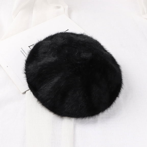 Ljudmp Women's French Style Beret Hat Fluffy Casual Fall Winter Warm Beret Cap Minimalist Knitted Brimless Hat Artist Hats Black