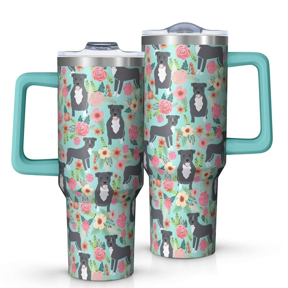 OBREWU Cute Pitbull Terriers Dog and Flowers Tumbler with Handle and Lid,Cute Pitbull Terriers Dog and Flowers 40oz Double Wall Vacuum Insulated Tumbler,Cups Gift for Women and Men