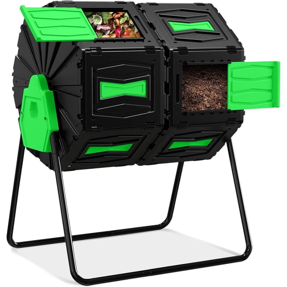Compost Tumbler, Easy Assemble & Efficient Outdoor Compost Bin, 45 Gallon/170 Liter Large Dual Chamber Rotating Composter for Garden, Kitchen, and Yard Waste, Green Door