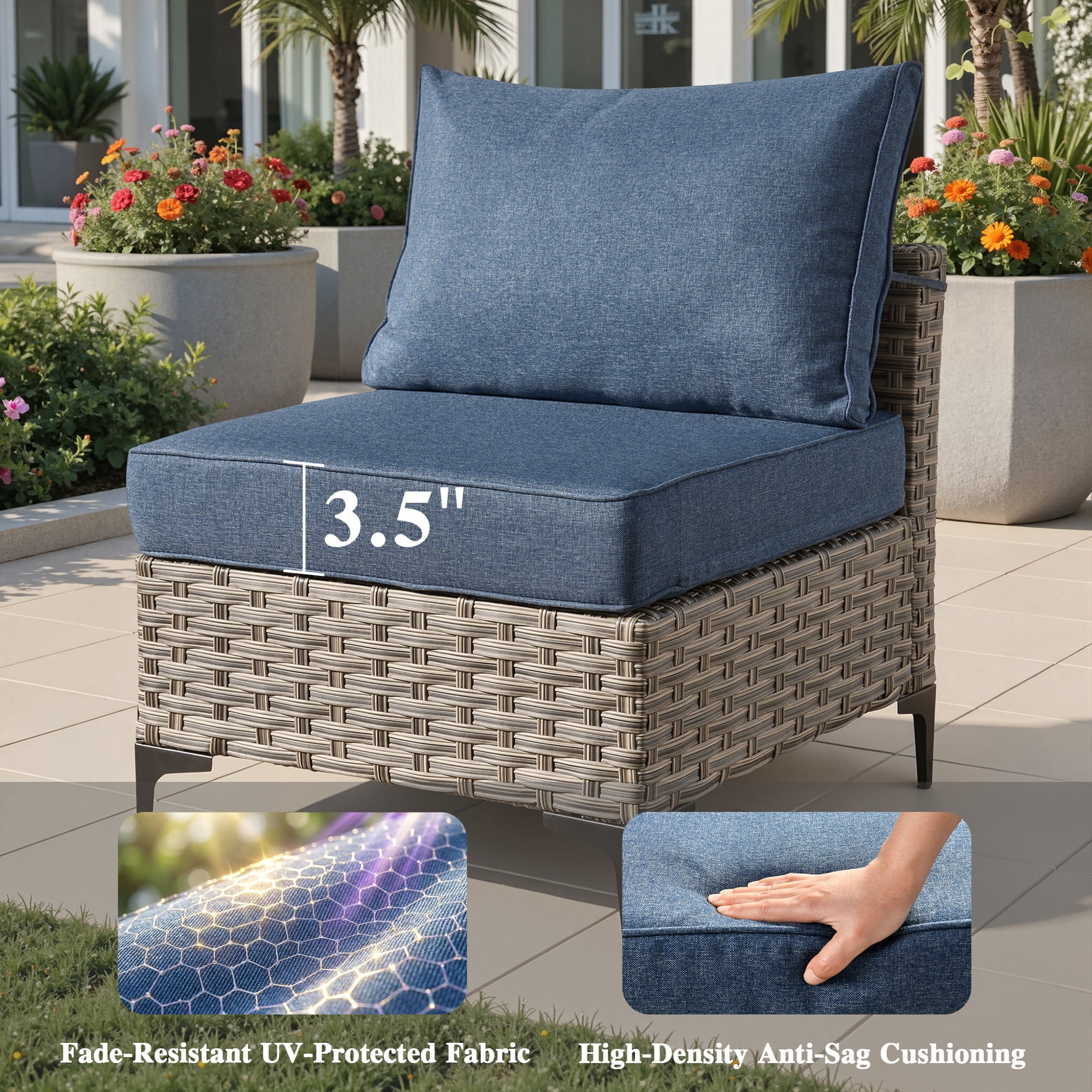Ovios Outdoor Patio Furniture Set 9 Pieces Rattan Wicker Sectional with 42" Gas Fire Pit, Swivel Chairs, Solar Table, Denim Blue
