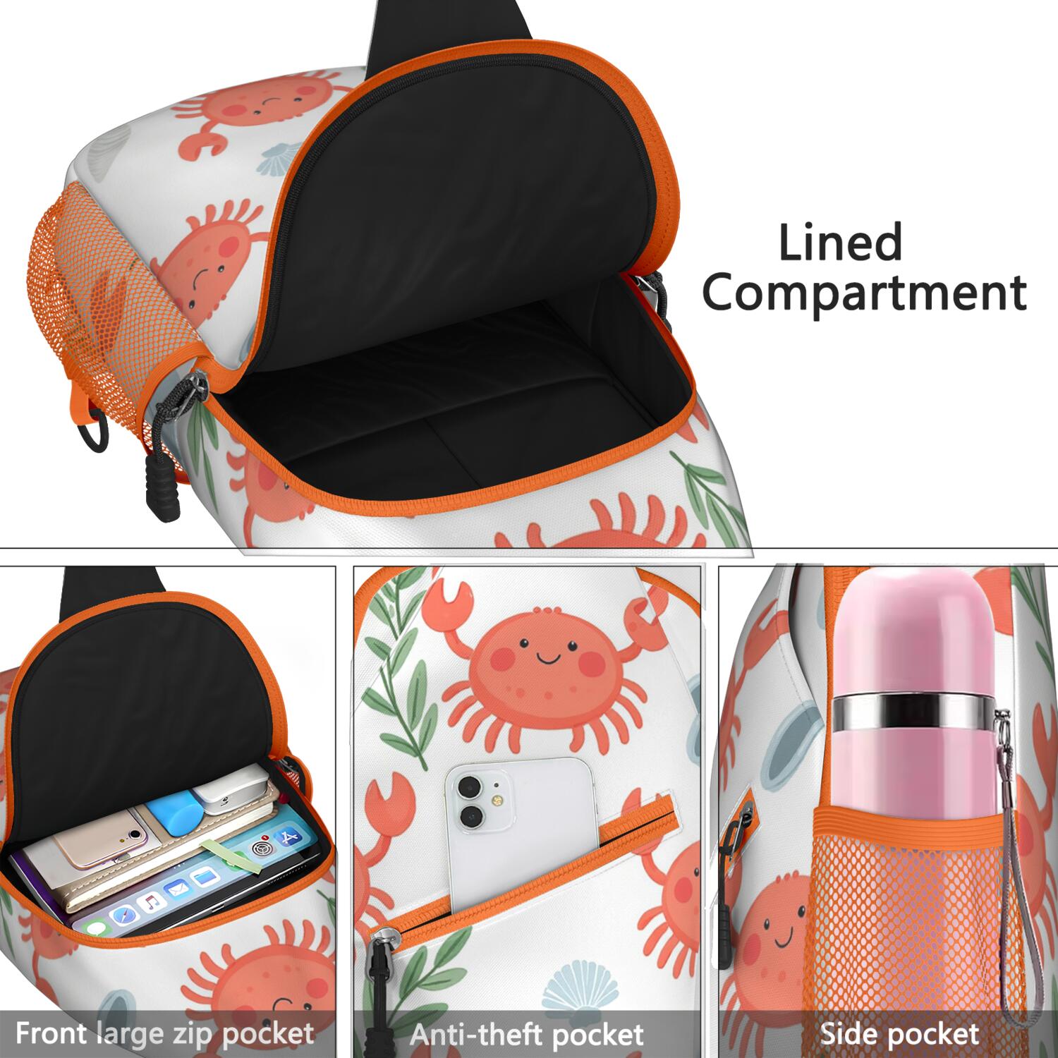 Marine Crab Sling Bag for Women Men Hiking Sling Backpack Chest Bag for Outdoor Activities Gym Small Travel Backpack Gym Sports Travel Hiking Daypack