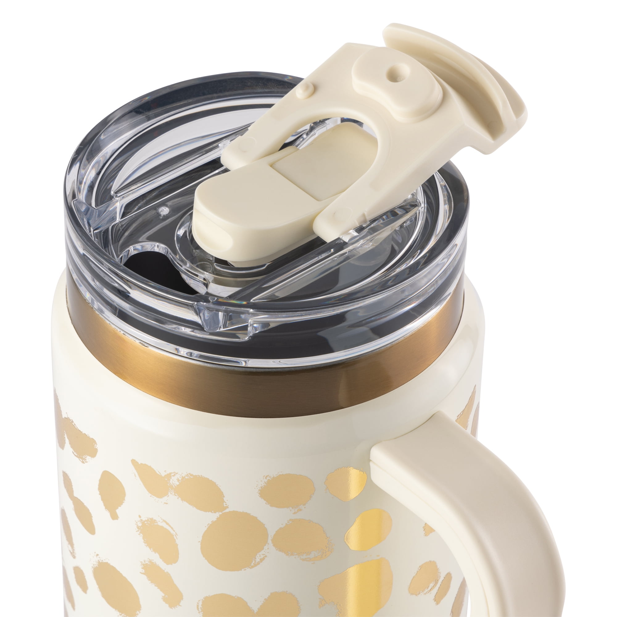 Thyme & Table 32 fl oz Stainless Steel Luna Tumbler with Handle and Dual Straw Lid, Cream & Gold Dot