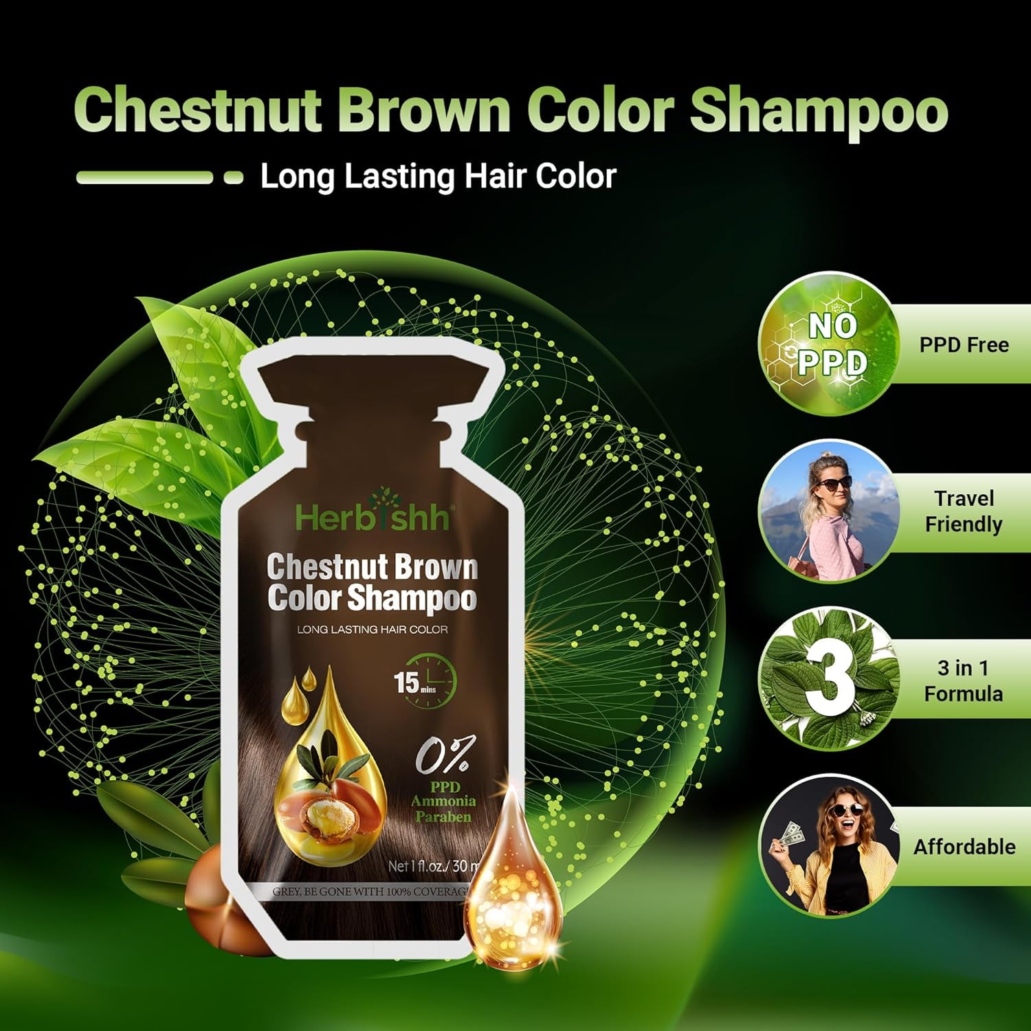 (3 pack) Herbishh Chestnut Brown PPD-Free Shampoo for Gray Hair, Travel-friendly Hair Dye Shampoo 3 in 1, 100% Gray Coverage, Permanent Hair Color for Men & Women, Ammonia-free, 30 ml