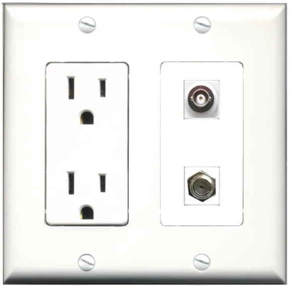 RiteAV - 15 Amp Power Outlet and 1 Port Coax Cable TV- F-Type and 1 Port BNC Decorative Type Wall Plate White