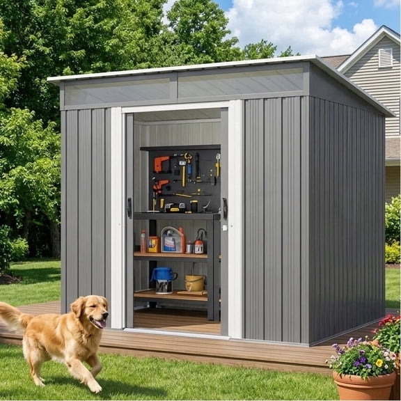 Jolifa Storage Shed, 6x4 ft Galvanized Steel Tool Shed with Sliding Doors & Windows, Weatherproof Metal Garden Shed for Backyard and Bike Storage