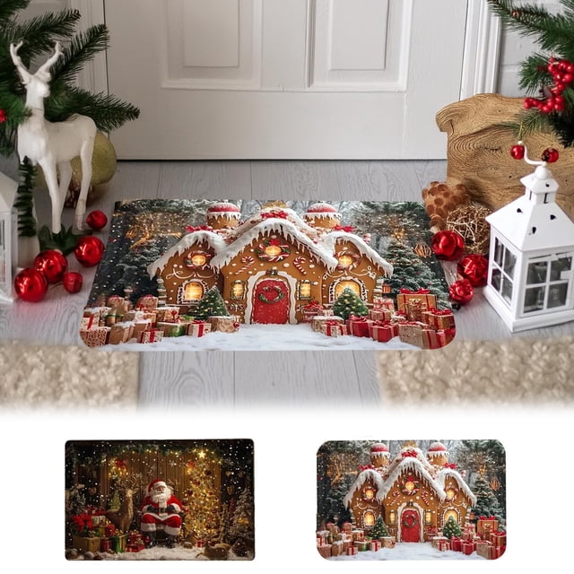 Felpudo Navideño para Interior y Exterior con Diseño de Casita de Jengibre y Papá Noel. 40X60 Cm. Multicolor. Poliéster. Antideslizante.