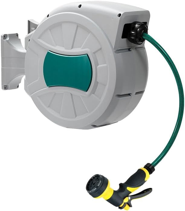 Retractable Garden Hose Reel – 1/2 in x 82 ft, Wall Mounted, 180° Swivel, Auto-Rewind, Anti-Kink, Heavy Duty PVC, 8-design Spray Nozzle – Ideal for Watering, Car Wash, Pet Bathing, 25 Meters