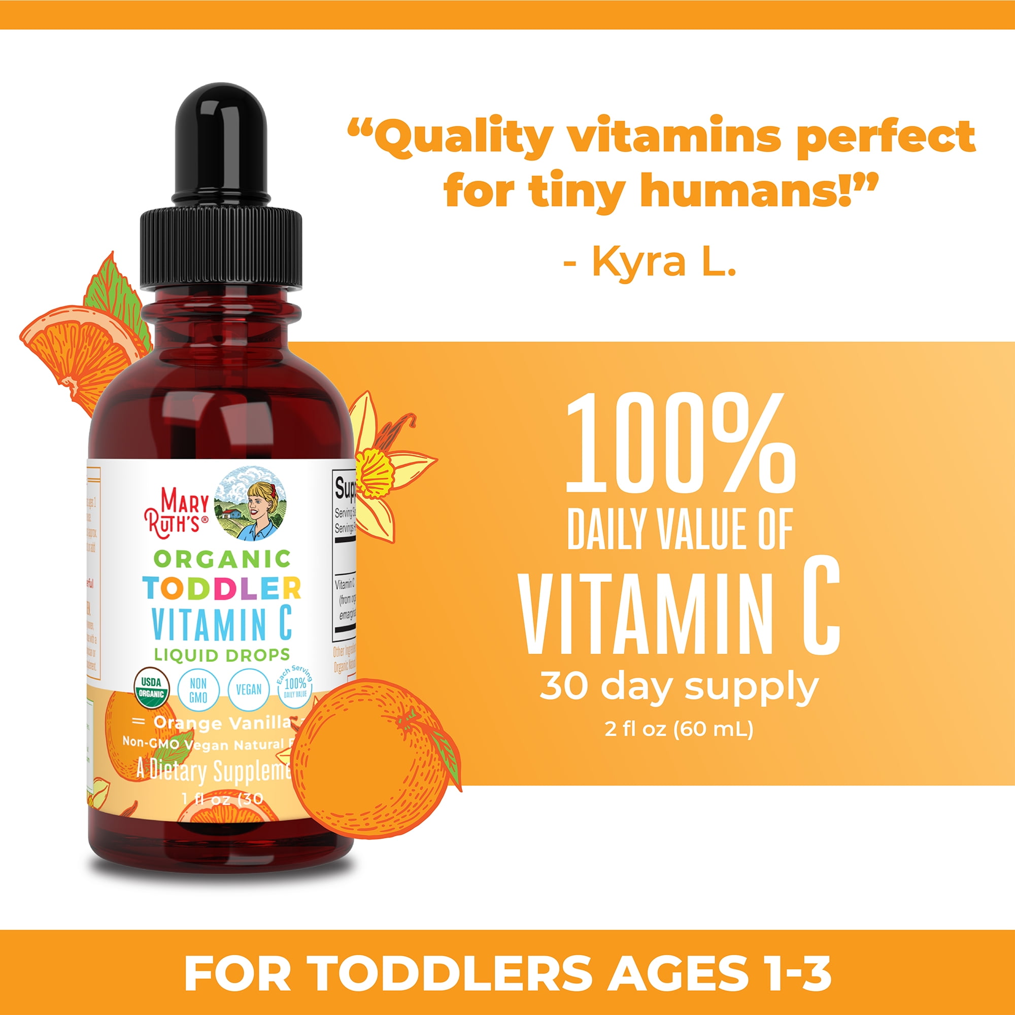 Vitamin C Supplement for Toddlers by MaryRuth's | USDA Organic Vitamin C Liquid Drops for Kids Ages 1-3 | Vitamin for Immune Support & Overall Health | Vegan | Non-GMO | Gluten Free | 1 Fl Oz