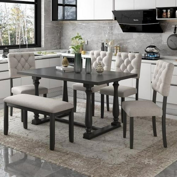 UBesGoo 6 Pcs Dining Table Set, Wooden Breakfast Table and Chair Set with Special-shaped Legs and Foam-covered Seat Backs&Cushions For Dining Room Gray