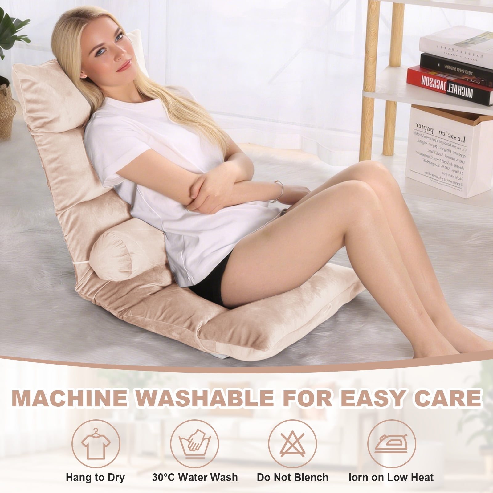 Eurhowing 5-Position Adjustable Floor Chair Folding Gaming Chair, Ergonomic Foldable Lounge Chair, Portable Floor Recliner for TV Watching, Reading, Living Room, Beige