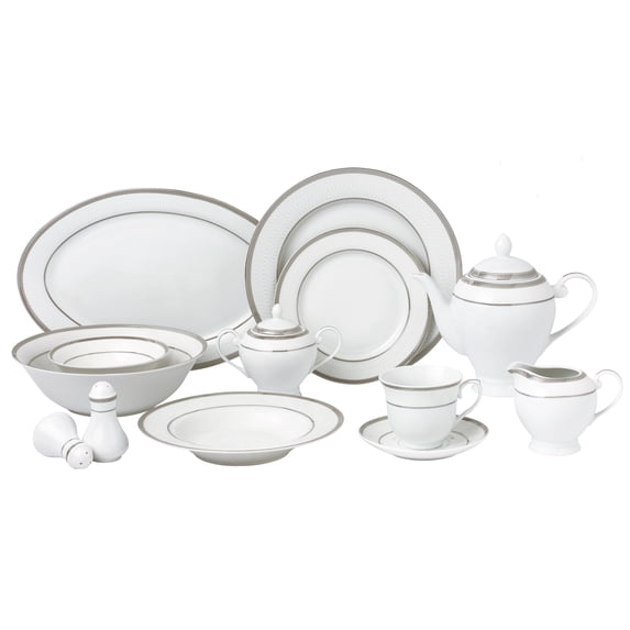 World Gifts 57 Pieces Porcelain Dinnerware Set - Service for 8, Ashley, Silver Border