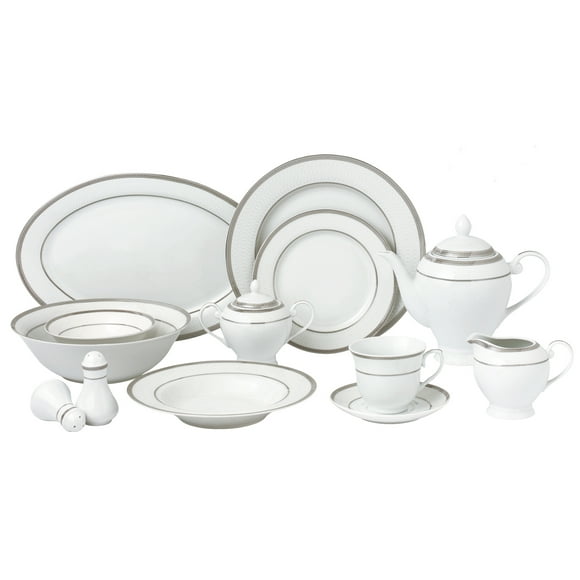 World Gifts 57 Pieces Porcelain Dinnerware Set - Service for 8, Ashley, Silver Border
