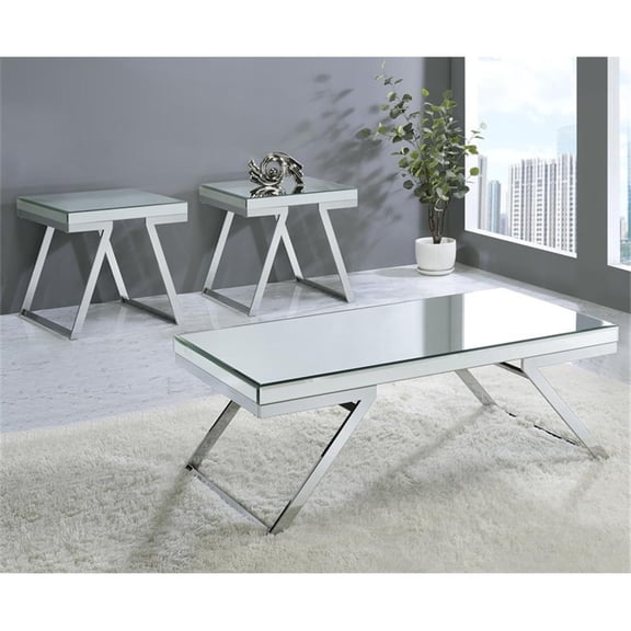 Pemberly Row Mirrored Glass and Chrome Metal 3-Piece Occasional Set