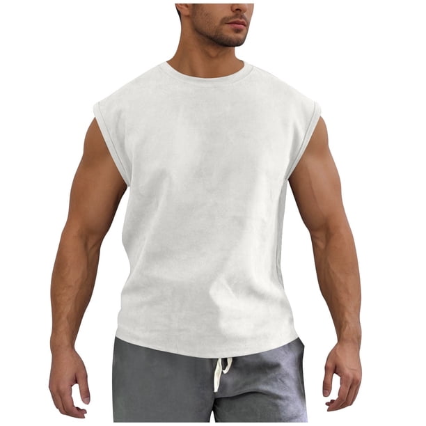 Camiseta de tirantes de cuello redondo para hombre, de gamuza, deportiva, de poliéster, con cuello redondo