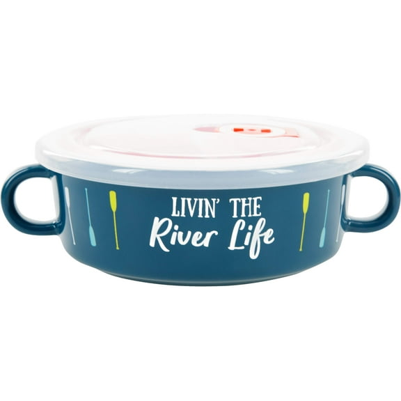 Pavilion Gift Company Livin' The River Life-13.5oz Stoneware Snack Soup Bowl with BPA Free Steam Release Lid, 13.5oz, Blue