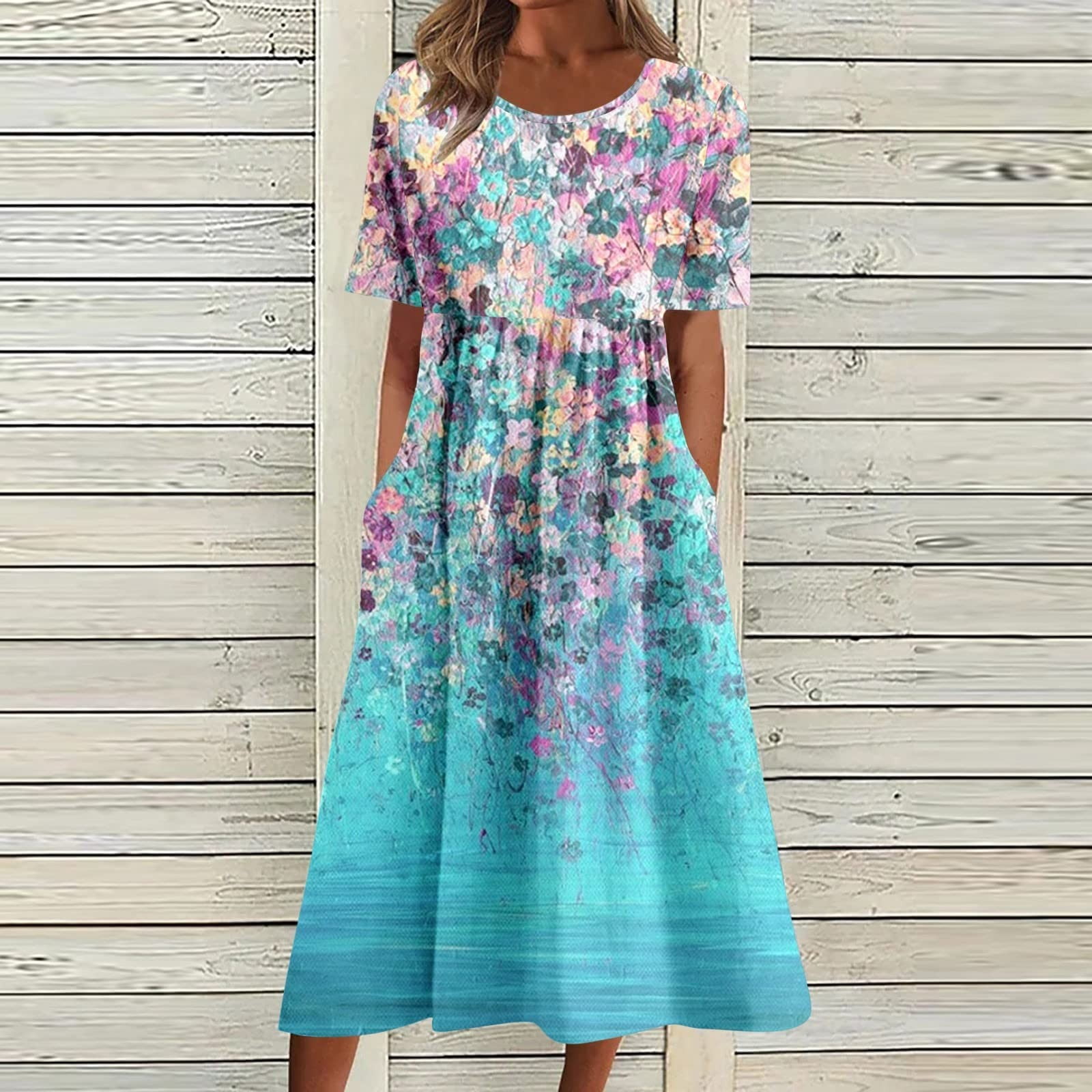 QAZXD Dresses for Women Summer Casual Dress Floral Round Neckline Short Sleeve ALine Dress Mid