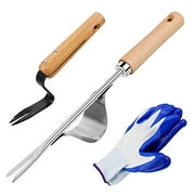 Zoyomax 2 Pack Hand Weeder with Wood Handle, Manual Weed Puller Stainless Steel Bend-Proof Dandelion Weeder for Garden Weeding Farmland Transplant, Plus a Pair of Protective Gloves