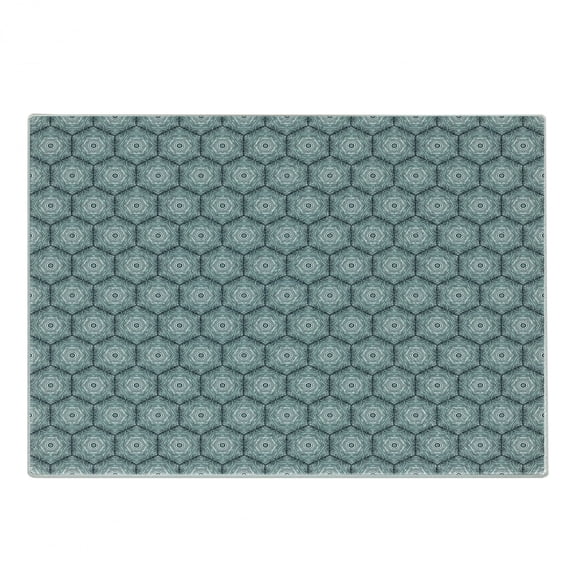 Abstract Cutting Board, Growth Rings Themed Bullseye Style Hand Drawn Circles and Hexagons, Decorative Tempered Glass Cutting and Serving Board, Small Size, Dark Teal and Pale Blue, by Ambesonne