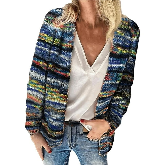 Cárdigan de Punto Grueso A Rayas Arcoíris para Mujer, Larga, Multicolor, Frente Abierto, Abrigo Suave Azul XXL