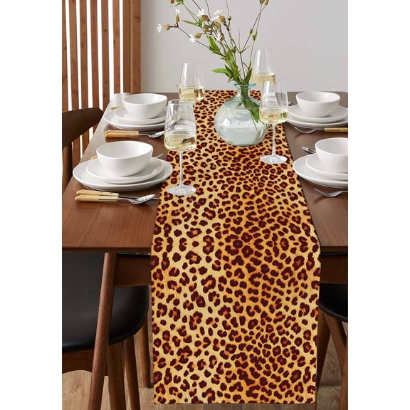 Leopard Print Animal Skin Texture Table Runner 13x36in Non-Slip Cotton Linen Table Runners, Wild Style Dresser Scarves TableRunner for Dinner Kitchen Dining Wedding Party