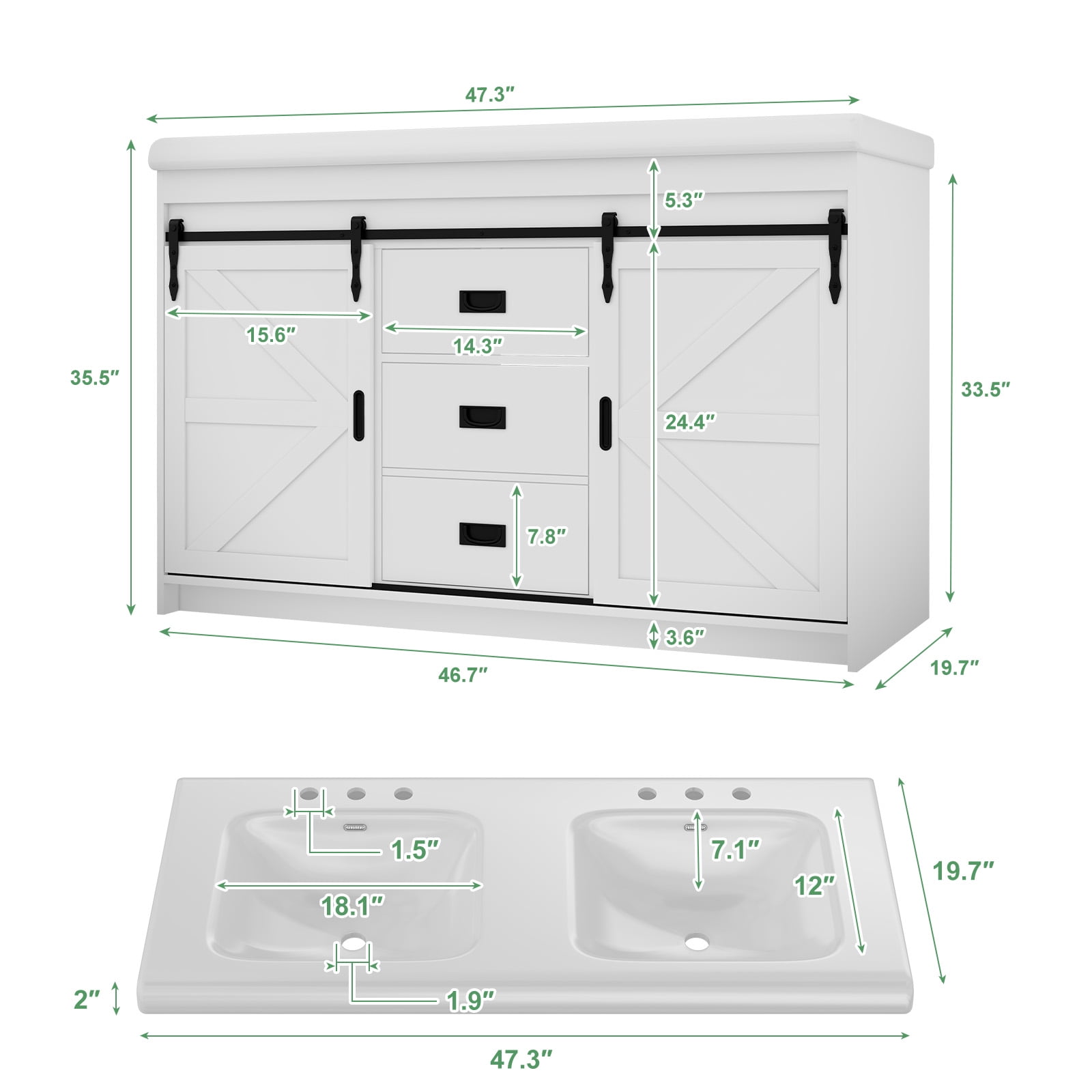 Jarbalai 47" Freestanding Bathroom Vanity with Double Ceramic Basin and Sliding Doors, White
