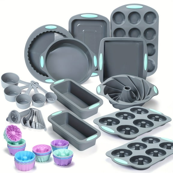 50pcs/45pcs Silicone Bakeware Set, Non-Stick Kitchen Oven Baking Pans, Silicone Cake Molds With Muffin Pan, Cookies Baking Sheet, Cake Pan, Donut Pan And Loaf Pan With 24 Pack Silicone Baking Cups