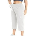 thumbnail image 3 of USNSM Women's Wide Leg Cargo Pants Solid Color Loose Large Size Capri Pants Comfortable Lace-up Stretch Jogging Pants with Pockets White XXL, 3 of 8