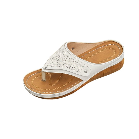 CYMMPU Women's Hollow Floral Thong Wedge Sandals, Open Toe Platform Flip Flop Slippers, Lightweight Summer Beach Outdoor Shoes White 36