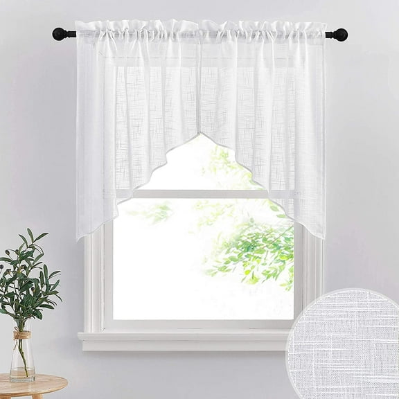 Short Kitchen Valances and Curtain Set, Privacy White Linen Swag Curtains, Semi Sheer Bathroom Tiers for Small Windows, 36 x 36 inch, 1 Pair