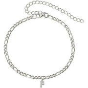 Stainless Steel White Gold Plated 4mm Figaro Link Anklet, Initial A - Z Cubic Zirconia Letter Ankle Bracelet, Giorgio Bergamo Silver, F