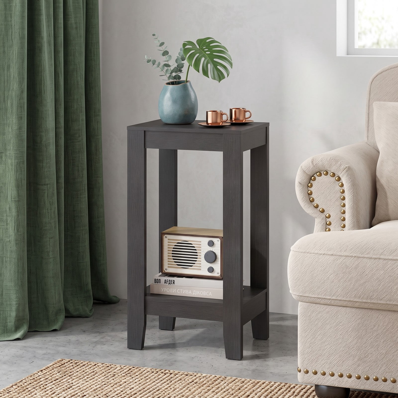 Furnibear 2-Tier Nightstand End Side Table with Wooden Legs and Bottom Storage Shelf for Bedroom Living Room, Compact Anti-Toppling Sofa Side Accent Table, Black